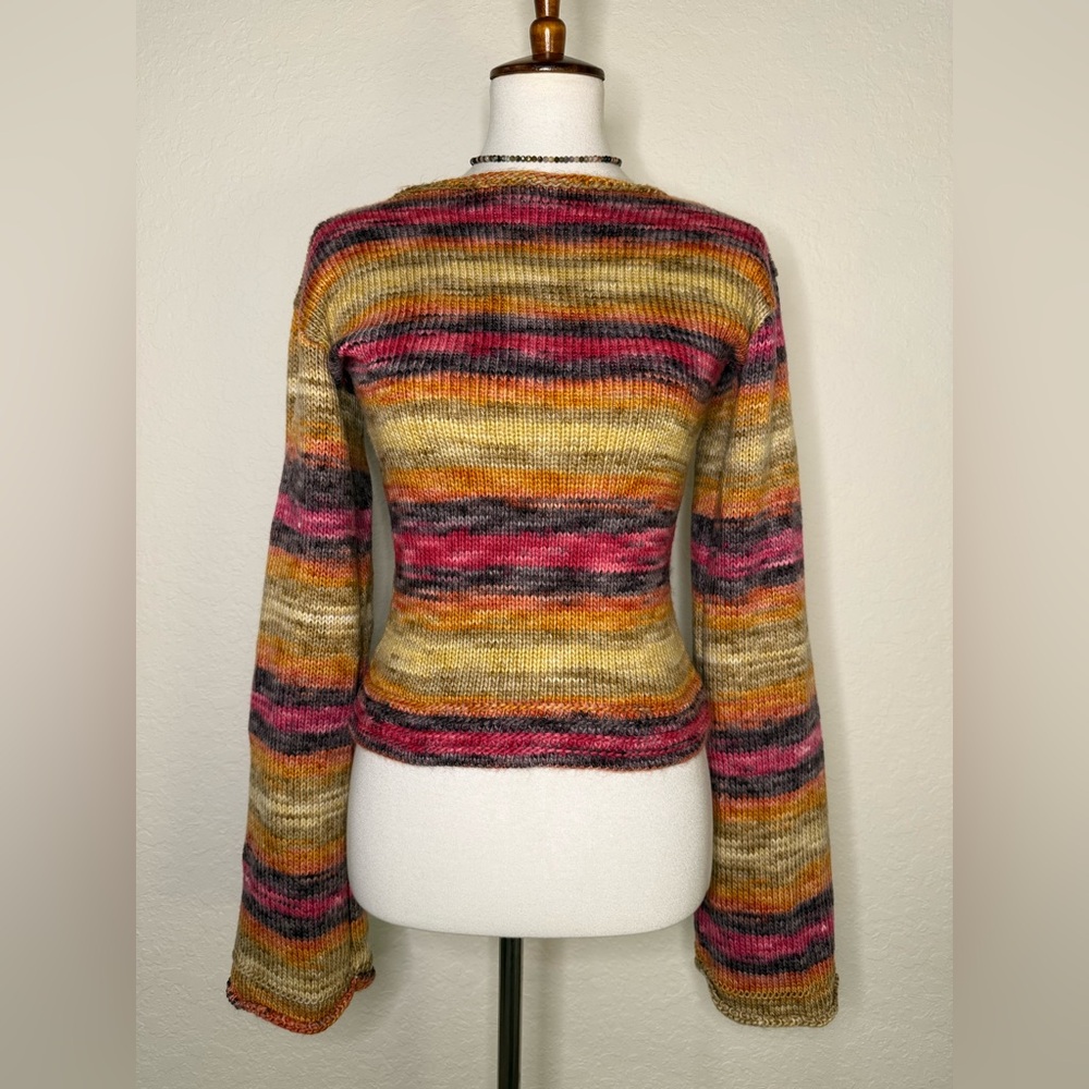 Hand Knit Multicolor Striped Women's Sweater with Flare Sleeves